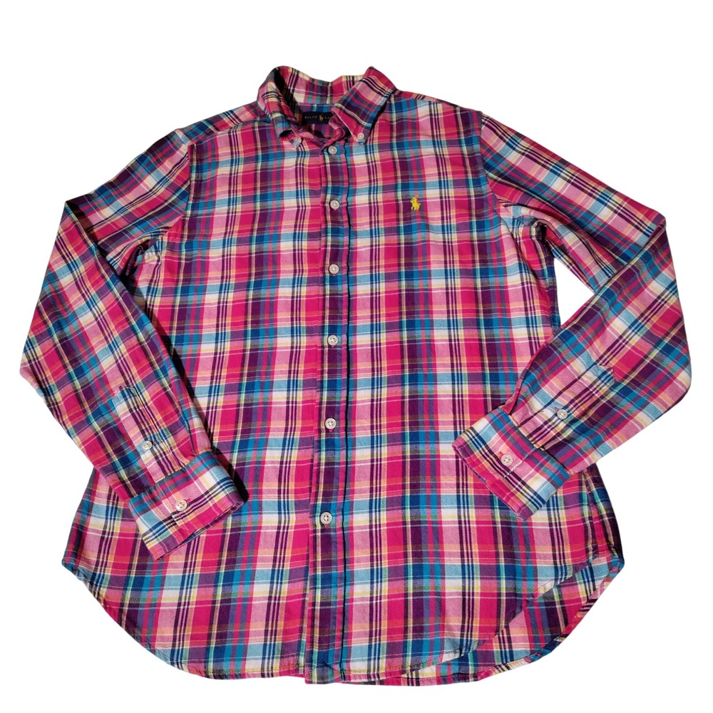 Ralph Lauren Boys Pink Blue Plaid Cotton Button Down Shirt Size 8
